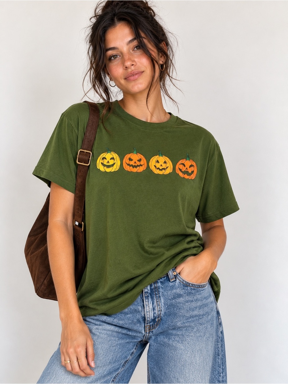Halloween Jack-O’-Lantern Graphic Tee | Olive Green Pumpkin Shirt